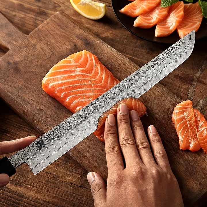 XinZuo F3 Zhen sakimaru snijdt zalm, bovenaanzicht
