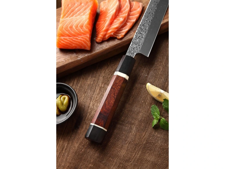 Houten handvat van het XinZuo F3 Zhen sashimi mes