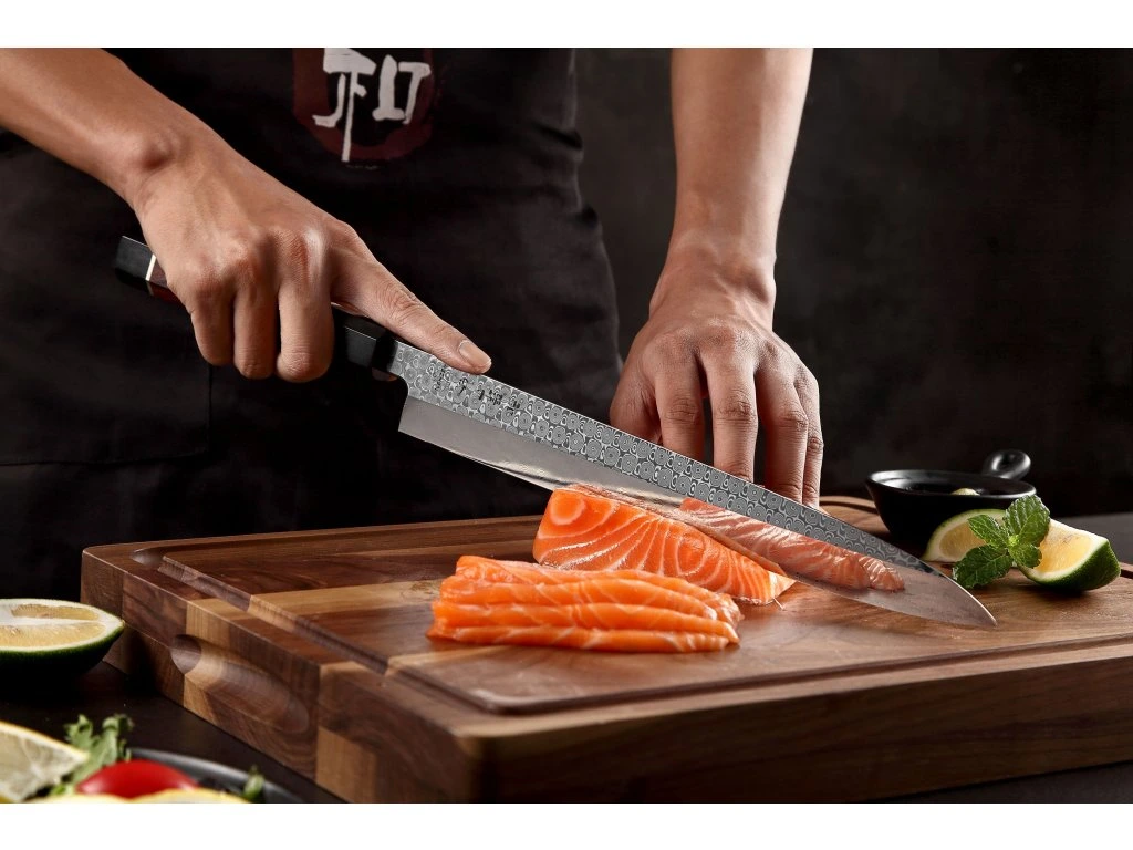 XinZuo F3 Zhen sashimi mes snijdt zalm met zichtbare hand