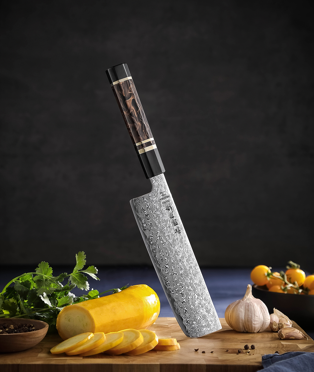 Hezhen X09 Retro nakiri mes rechtop tussen gesneden groenten