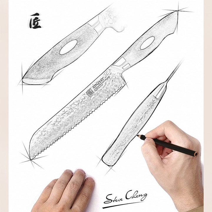 Artistieke tekening van drie messen uit XinZuo B46W Jiang set