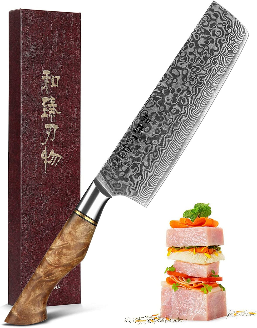 Hezhen B30 Master nakiri met ingrediënten op de achtergrond