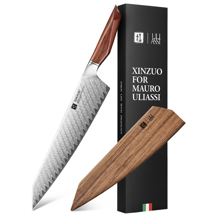 XinZuo X03 Xing koksmes met houten kap naast de doos