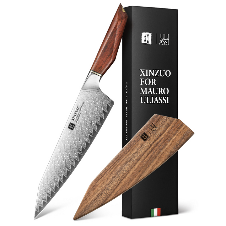 XinZuo X03 Xing koksmes met houten kap naast de doos