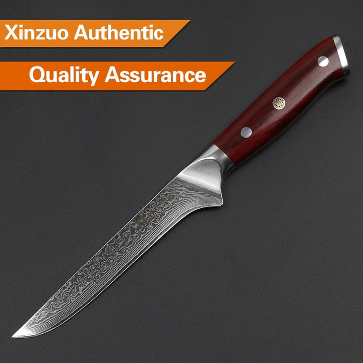 XinZuo B13R Yu uitbeenmes met damascus patroon en houten handvat