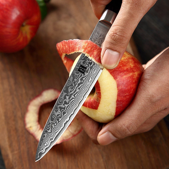 XinZuo mes schilt een appel, damastpatroon op het lemmet zichtbaar