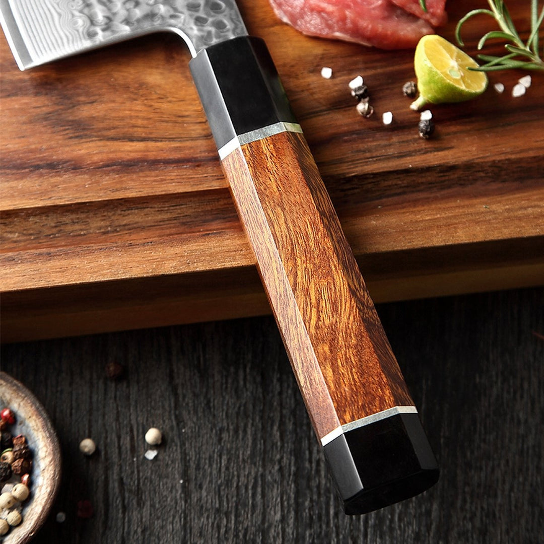 Houten handvat van het XinZuo PM8 Zhen nakiri mes