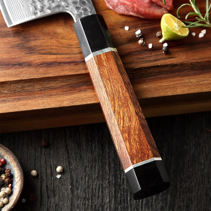 Houten handvat van het XinZuo PM8 Zhen nakiri mes