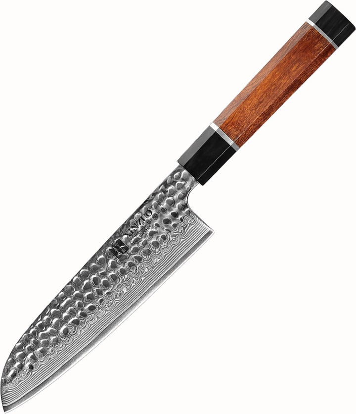 XinZuo PM8 Zhen santokumes met houten handvat en damast lemmet