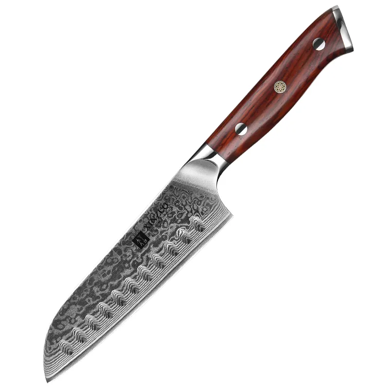 XinZuo B13R Yu santokumes met houten handvat en damascus lemmet